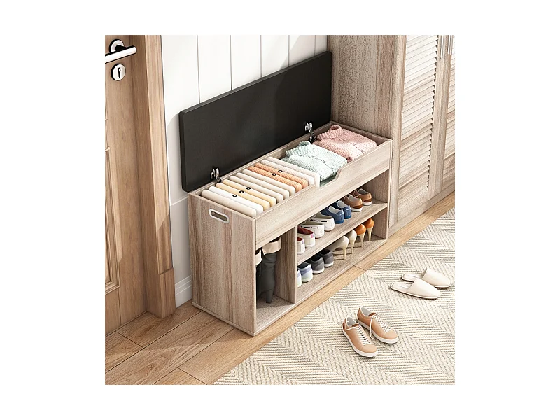 ARMOIRE À CHAUSSURES EN BOIS AVEC ASSISE, RANGEMENT, 2 ÉTAGÈRES, OUVERTURE, CHÊNE CLAIR