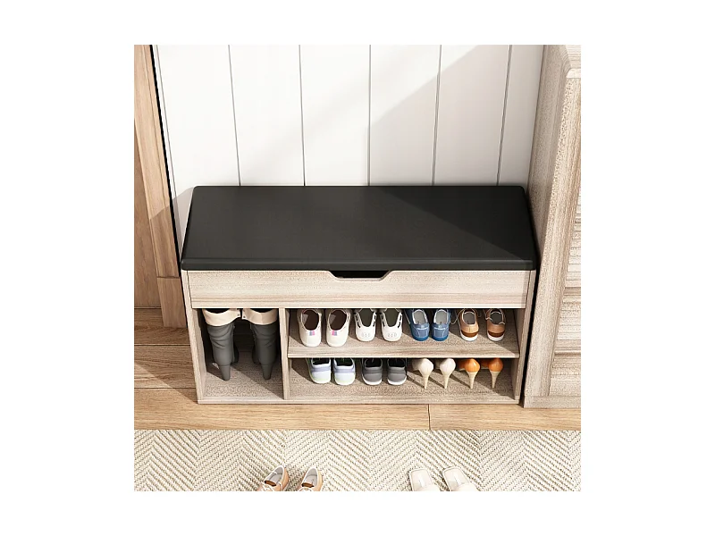 ARMOIRE À CHAUSSURES EN BOIS AVEC ASSISE, RANGEMENT, 2 ÉTAGÈRES, OUVERTURE, CHÊNE CLAIR