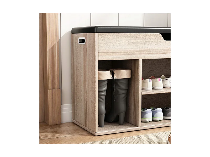 ARMOIRE À CHAUSSURES EN BOIS AVEC ASSISE, RANGEMENT, 2 ÉTAGÈRES, OUVERTURE, CHÊNE CLAIR