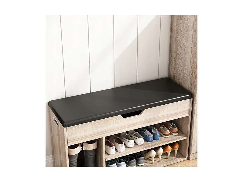ARMOIRE À CHAUSSURES EN BOIS AVEC ASSISE, RANGEMENT, 2 ÉTAGÈRES, OUVERTURE, CHÊNE CLAIR