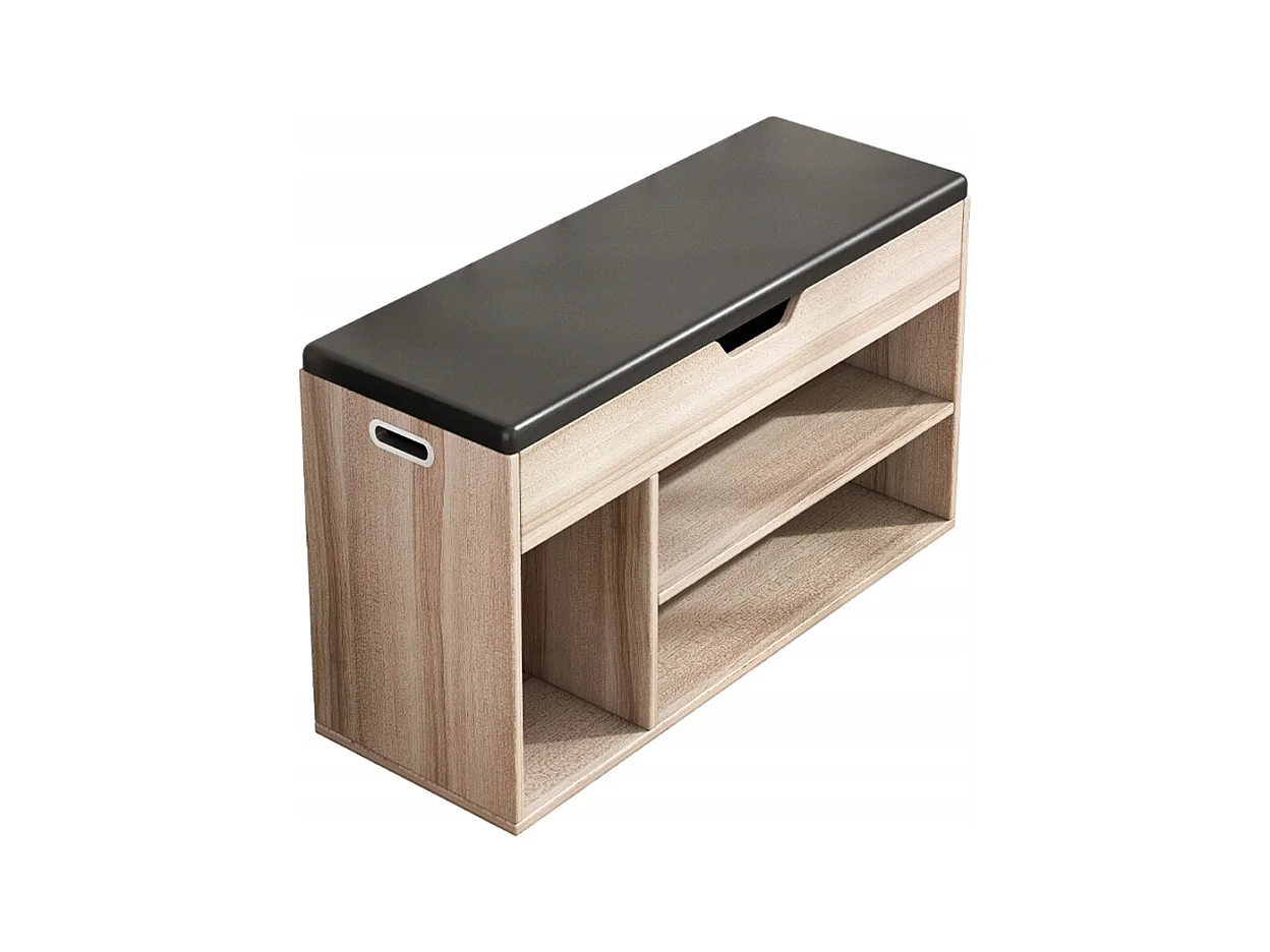 ARMOIRE À CHAUSSURES EN BOIS AVEC ASSISE, RANGEMENT, 2 ÉTAGÈRES, OUVERTURE, CHÊNE CLAIR