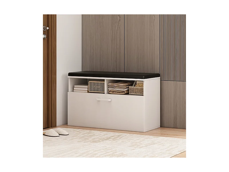 ARMOIRE À CHAUSSURES BLANCHE AVEC ASSISE ET RANGEMENT HALL D'ENTRÉE 6 ÉTAGÈRES OUVRANTES