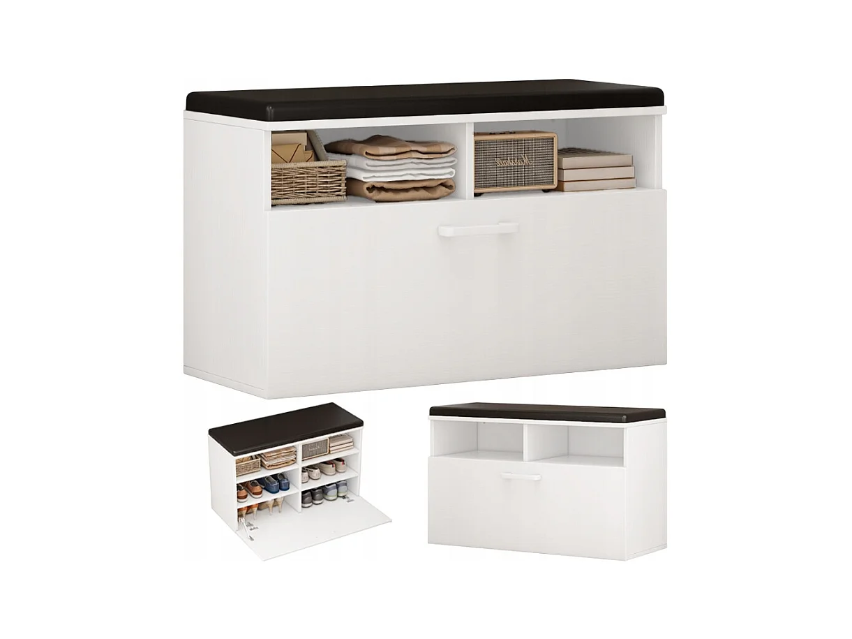 ARMOIRE À CHAUSSURES BLANCHE AVEC ASSISE ET RANGEMENT HALL D'ENTRÉE 6 ÉTAGÈRES OUVRANTES