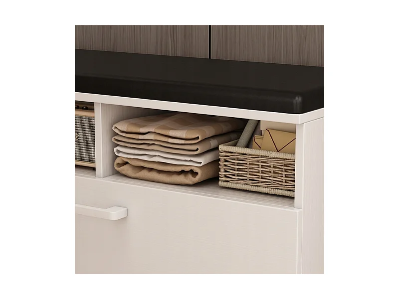 ARMOIRE À CHAUSSURES BLANCHE AVEC ASSISE ET RANGEMENT HALL D'ENTRÉE 6 ÉTAGÈRES OUVRANTES