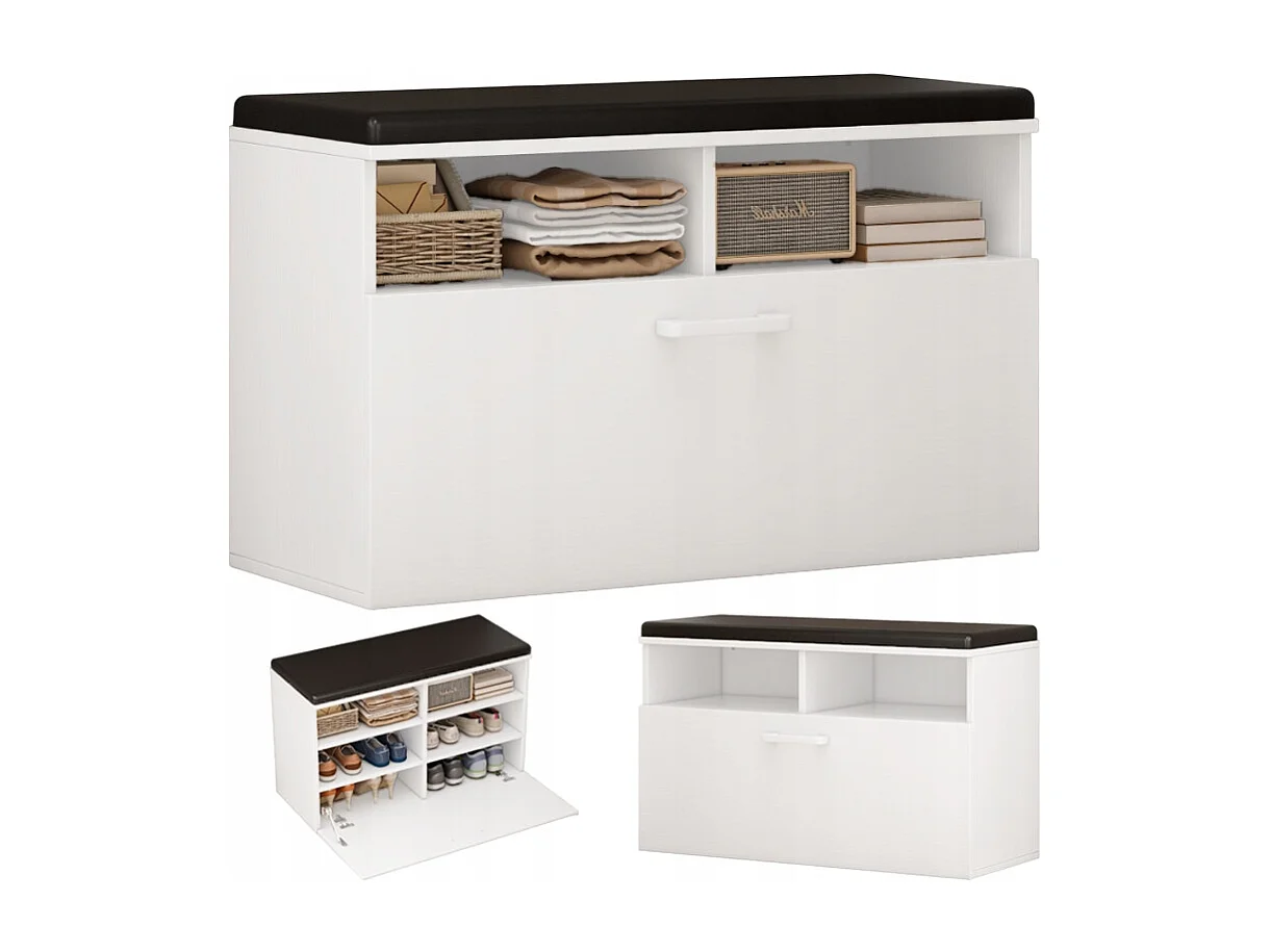 ARMOIRE À CHAUSSURES BLANCHE AVEC ASSISE ET RANGEMENT HALL D'ENTRÉE 6 ÉTAGÈRES OUVRANTES