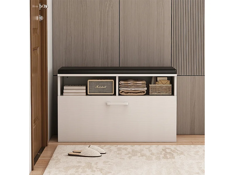 ARMOIRE À CHAUSSURES BLANCHE AVEC ASSISE ET RANGEMENT HALL D'ENTRÉE 6 ÉTAGÈRES OUVRANTES