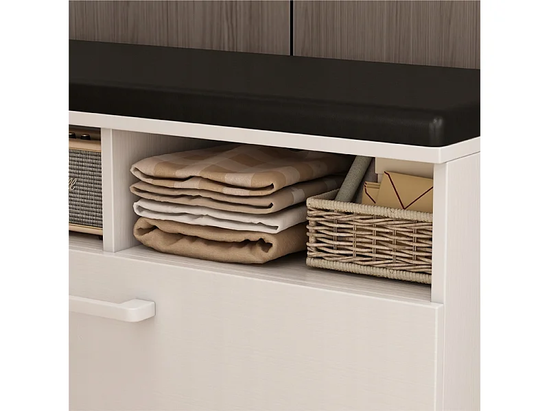 ARMOIRE À CHAUSSURES BLANCHE AVEC ASSISE ET RANGEMENT HALL D'ENTRÉE 6 ÉTAGÈRES OUVRANTES