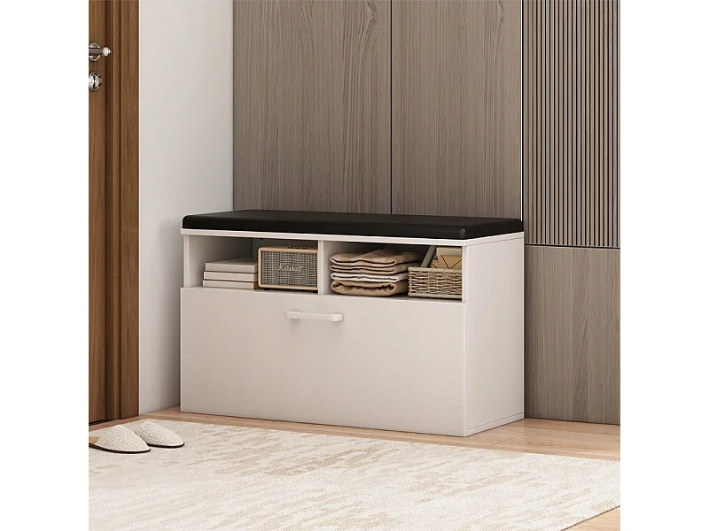 ARMOIRE À CHAUSSURES BLANCHE AVEC ASSISE ET RANGEMENT HALL D'ENTRÉE 6 ÉTAGÈRES OUVRANTES