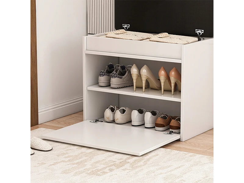 ARMÁRIO PARA SAPATOS BRANCO COM ASSENTO E COMPARTIMENTO PARA ARMAZENAMENTO ANTES DO HALL DE ENTRADA 2 PRATELEIRAS ABERTAS