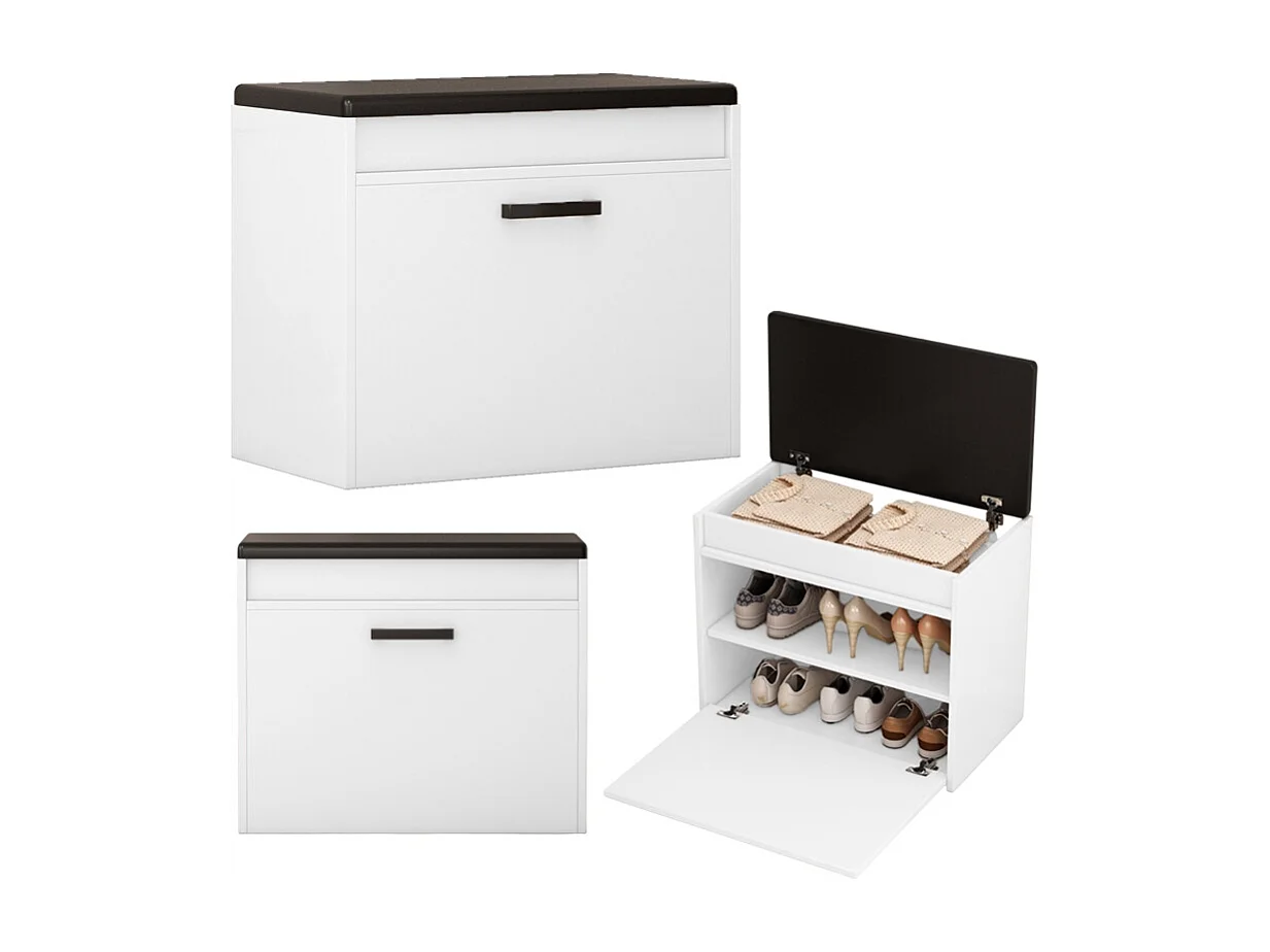 ARMÁRIO PARA SAPATOS BRANCO COM ASSENTO E COMPARTIMENTO PARA ARMAZENAMENTO ANTES DO HALL DE ENTRADA 2 PRATELEIRAS ABERTAS