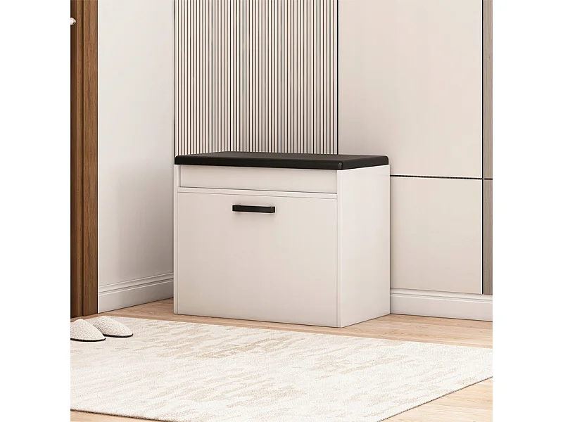 ARMÁRIO PARA SAPATOS BRANCO COM ASSENTO E COMPARTIMENTO PARA ARMAZENAMENTO ANTES DO HALL DE ENTRADA 2 PRATELEIRAS ABERTAS