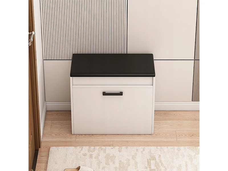 ARMÁRIO PARA SAPATOS BRANCO COM ASSENTO E COMPARTIMENTO PARA ARMAZENAMENTO ANTES DO HALL DE ENTRADA 2 PRATELEIRAS ABERTAS