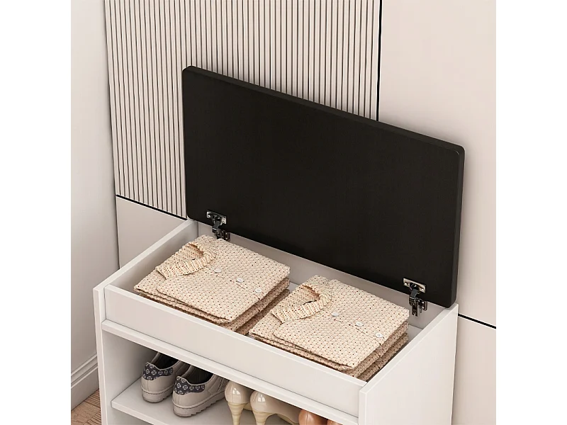ARMÁRIO PARA SAPATOS BRANCO COM ASSENTO E COMPARTIMENTO PARA ARMAZENAMENTO ANTES DO HALL DE ENTRADA 2 PRATELEIRAS ABERTAS