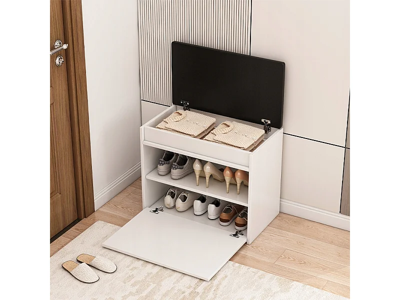 ARMÁRIO PARA SAPATOS BRANCO COM ASSENTO E COMPARTIMENTO PARA ARMAZENAMENTO ANTES DO HALL DE ENTRADA 2 PRATELEIRAS ABERTAS