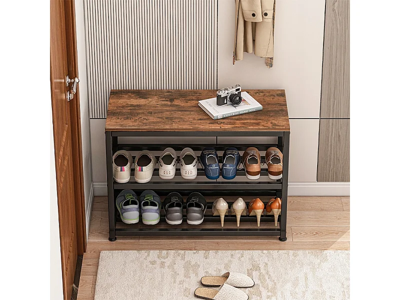 ARMOIRE À CHAUSSURES AVEC ASSISE GRANDE ÉTAGÈRE INDUSTRIELLE LOFT BOIS RÉTRO 62 CM