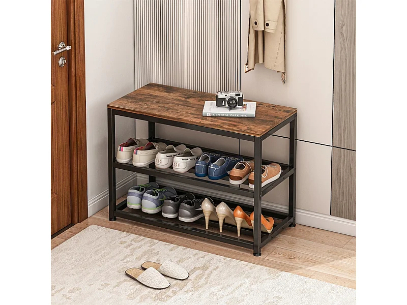 ARMOIRE À CHAUSSURES AVEC ASSISE GRANDE ÉTAGÈRE INDUSTRIELLE LOFT BOIS RÉTRO 62 CM