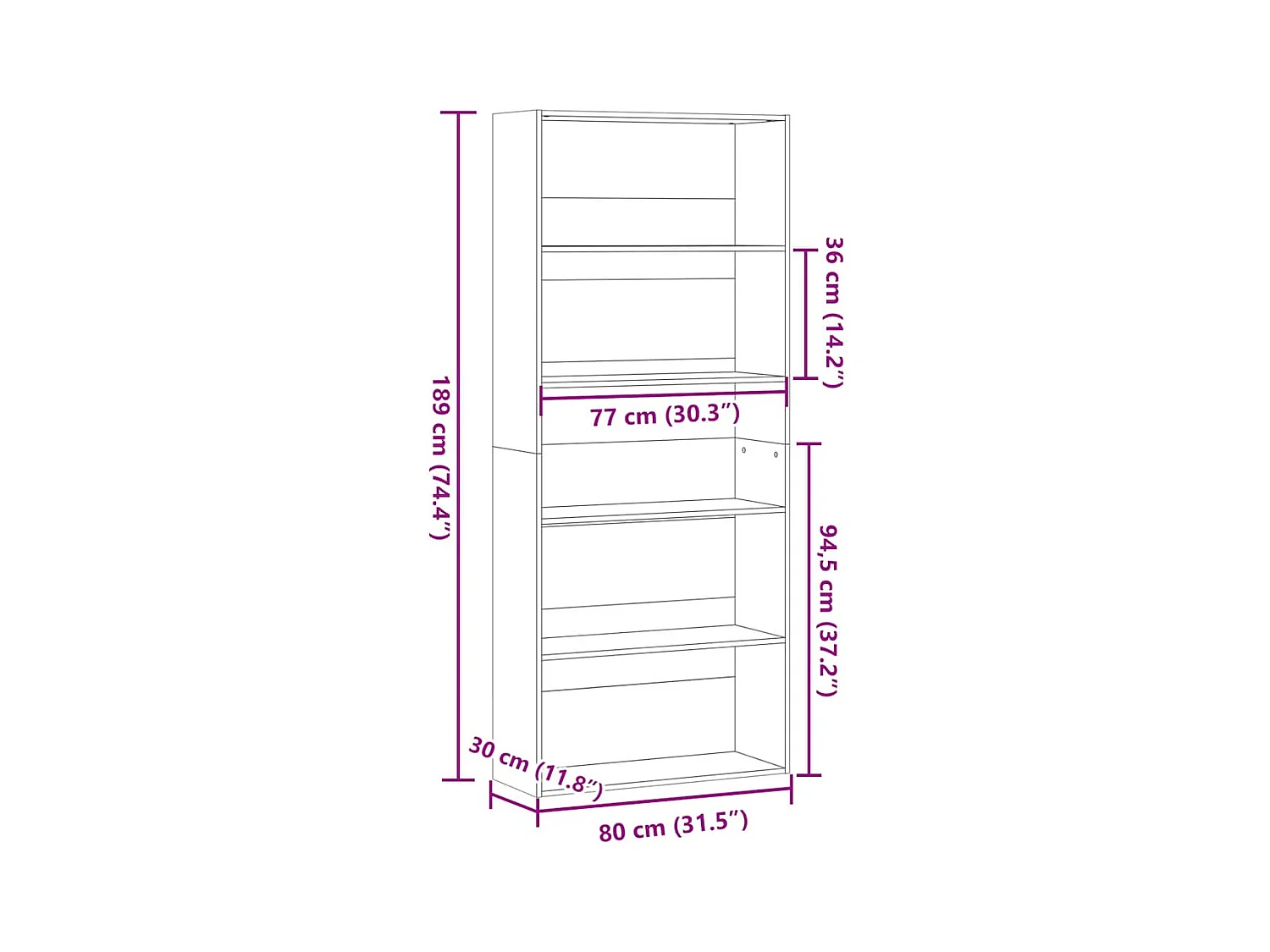 Bibliothèque chêne artisanal 80x30x189 cm bois d'ingénierie