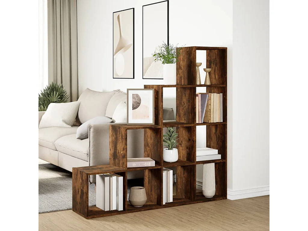 Bibliothèque séparatrice de pièce 4 niveaux chêne fumé