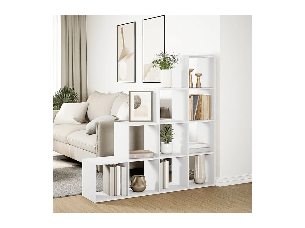 Bibliothèque séparatrice de pièce à 4 niveaux blanc 131,5x29x131,5cm