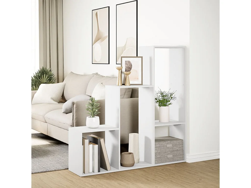 Bibliothèque séparatrice de pièce à 3 niveaux blanc 123x29x123 cm