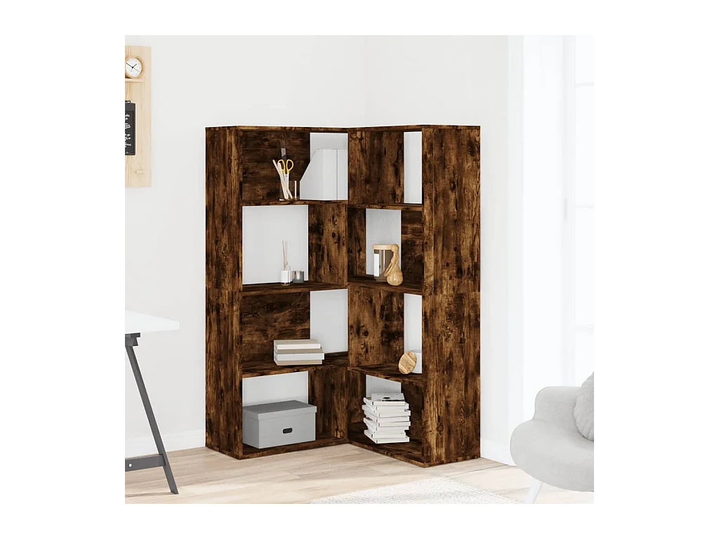 Bibliothèque d'angle à 4 niveaux chêne fumé bois d'ingénierie