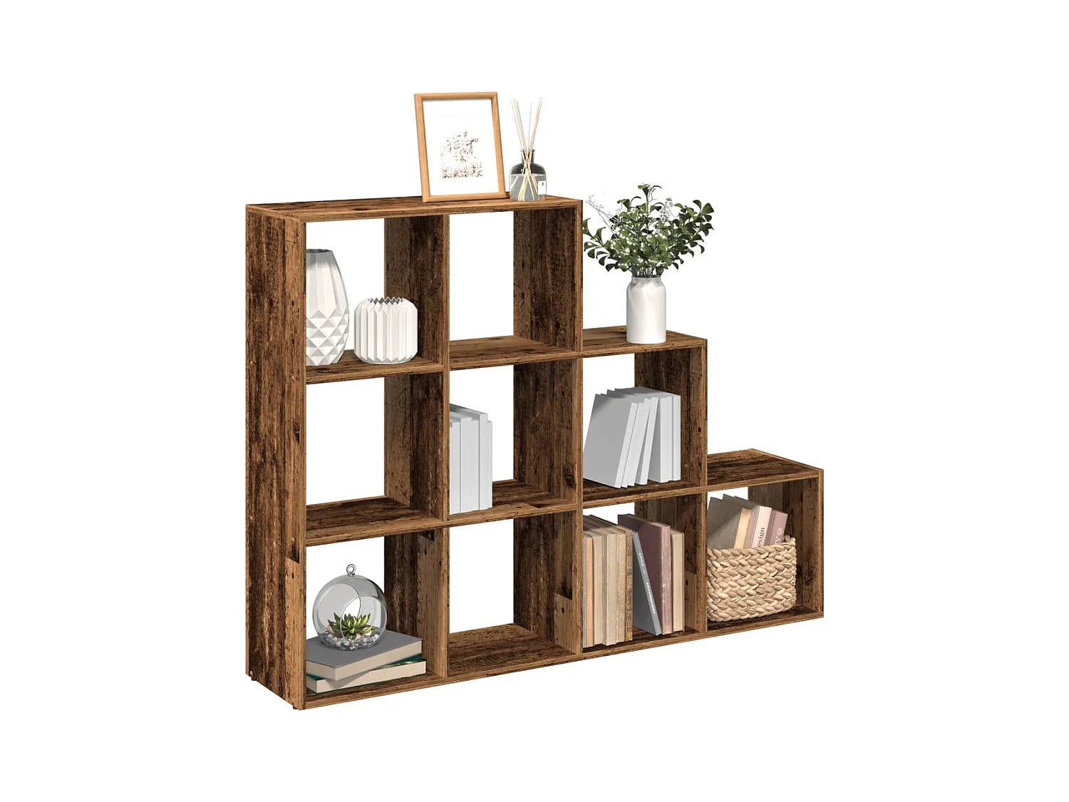 Bibliothèque séparatrice de pièce à 3 niveaux vieux bois