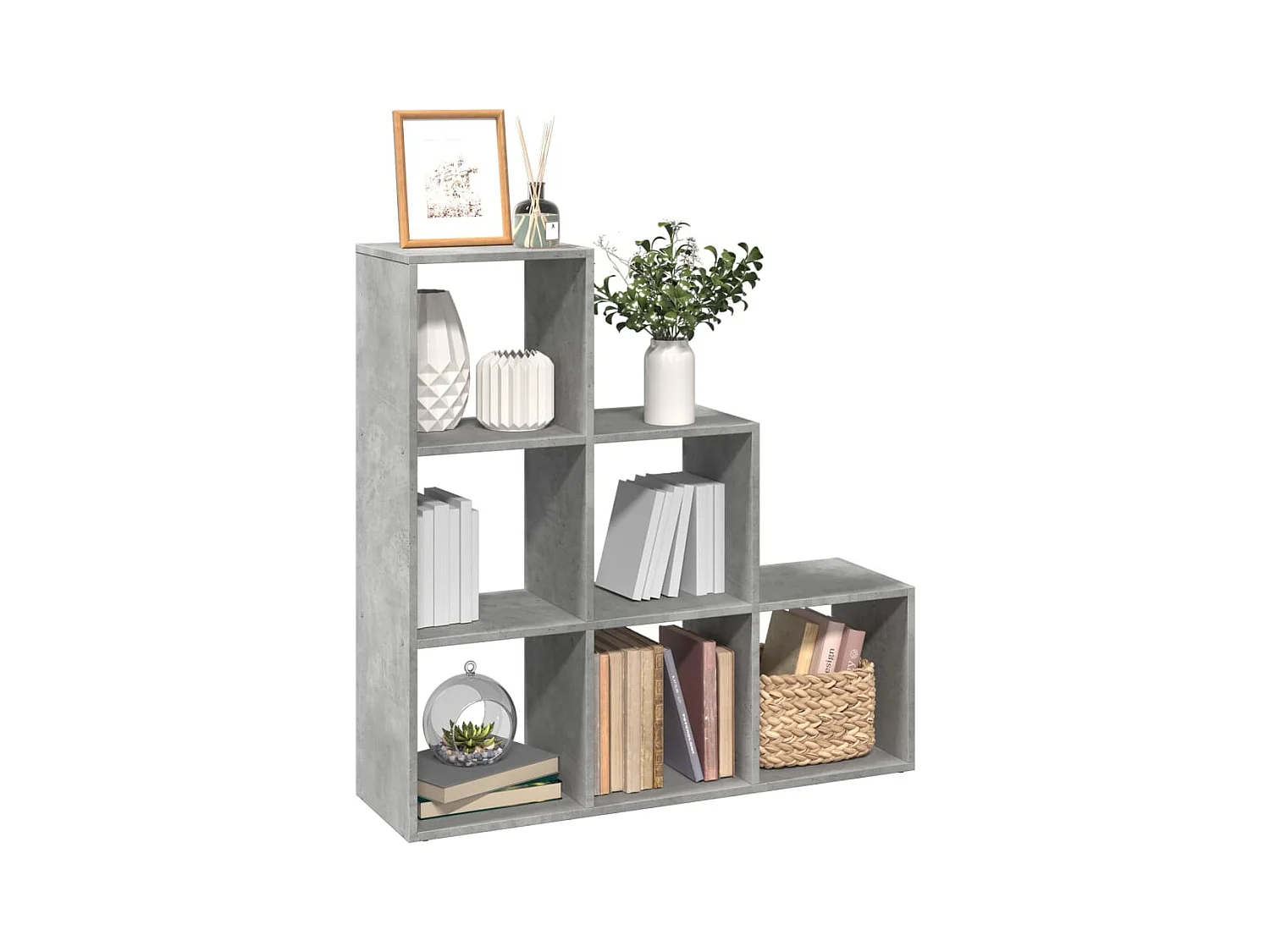 Bibliothèque séparatrice de pièce à 3 niveaux gris béton 99x29x99 cm
