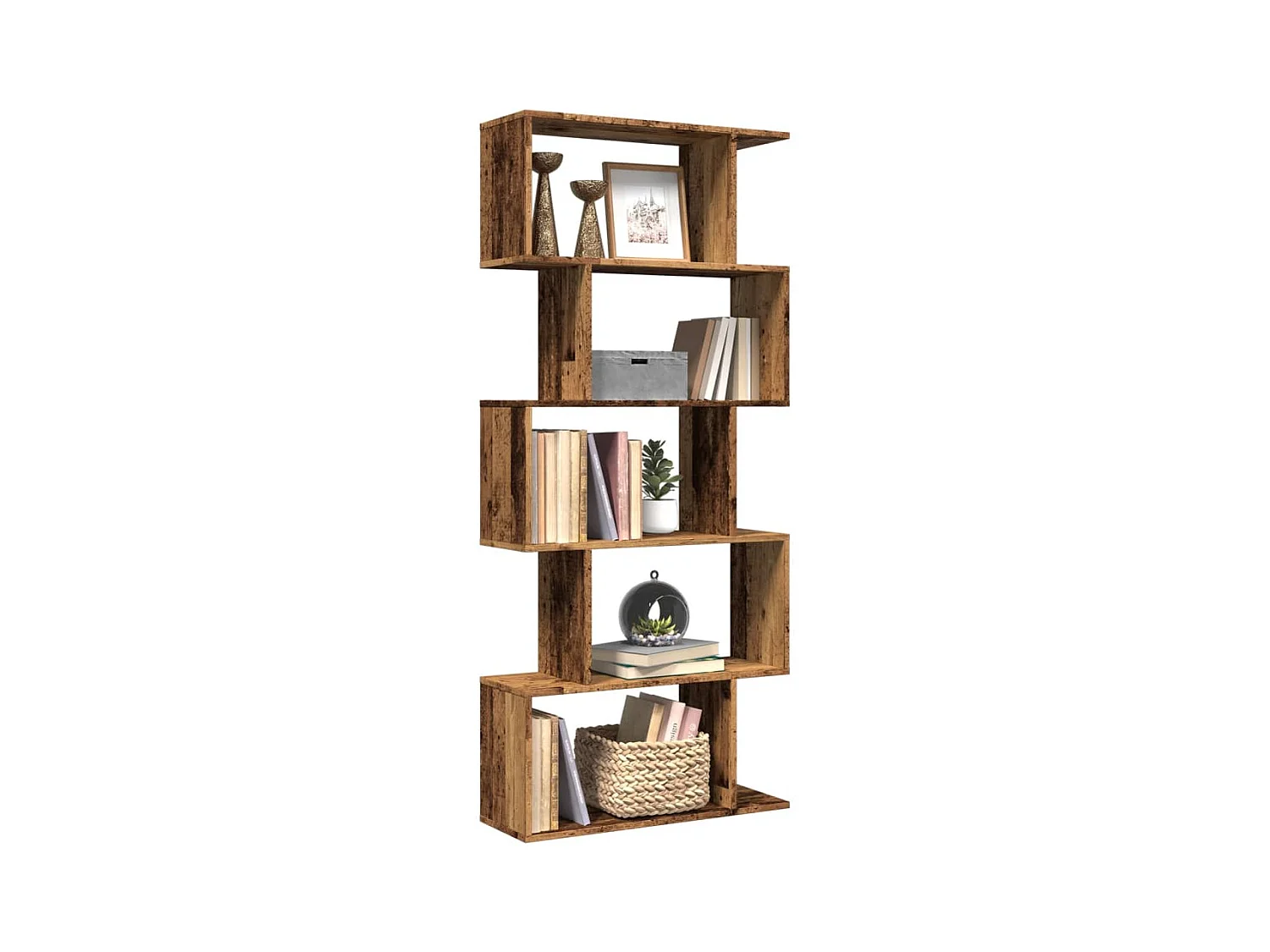 Bibliothèque séparatrice de pièce à 5 niveaux vieux bois 70x24x161cm