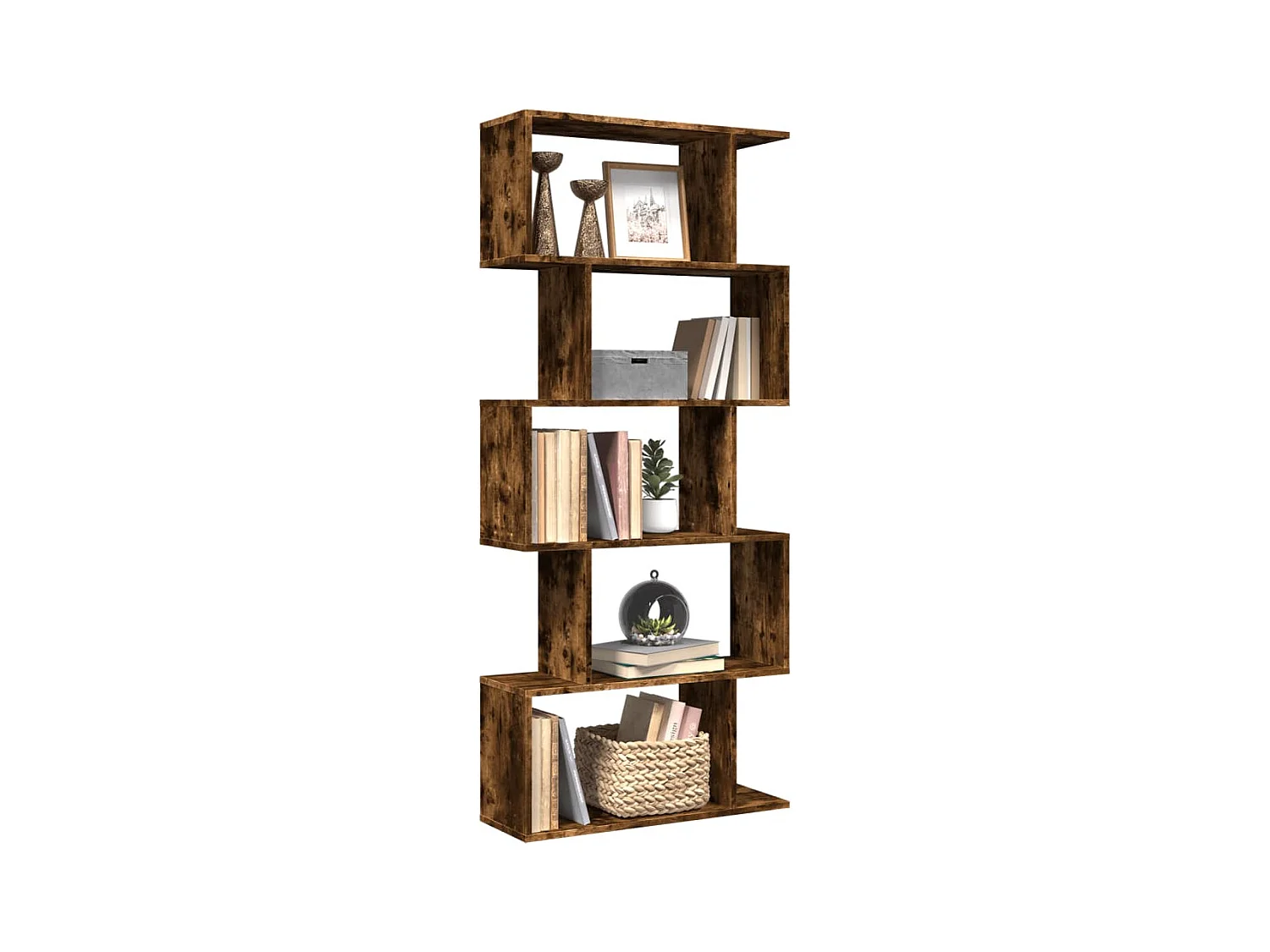 Bibliothèque séparatrice de pièce à 5 niveaux chêne fumé 70x24x161cm