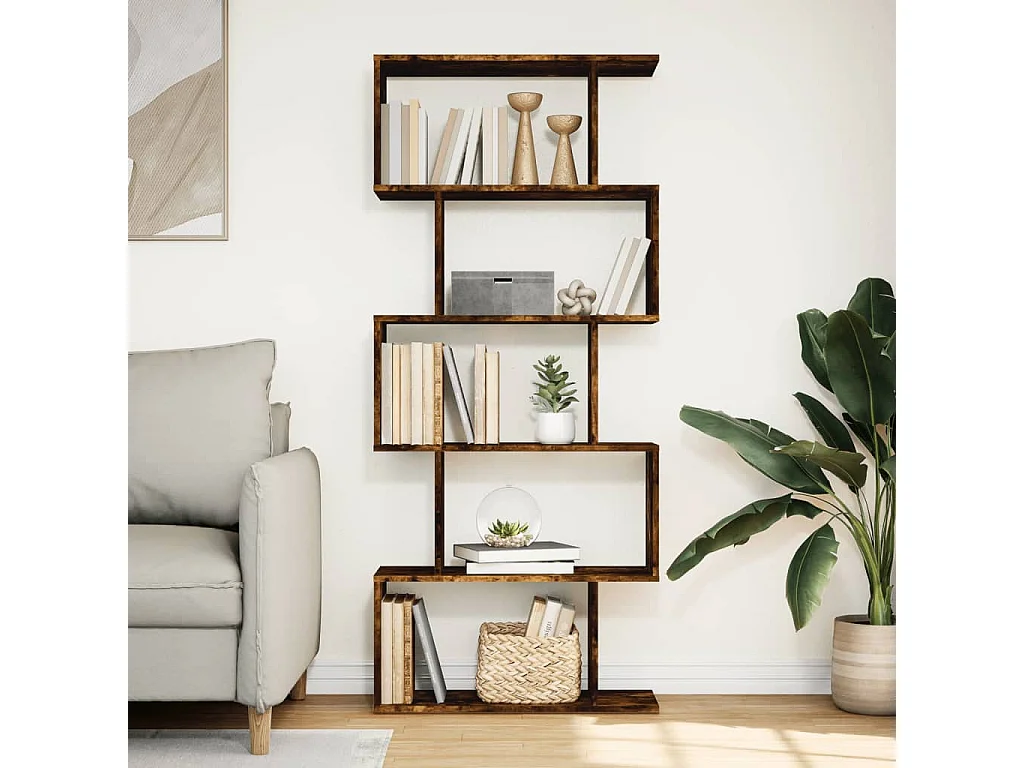 Bibliothèque séparatrice de pièce à 5 niveaux chêne fumé 70x24x161cm