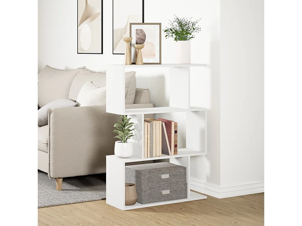 Bibliothèque séparatrice de pièce à 3 niveaux blanc 70x24x97 cm