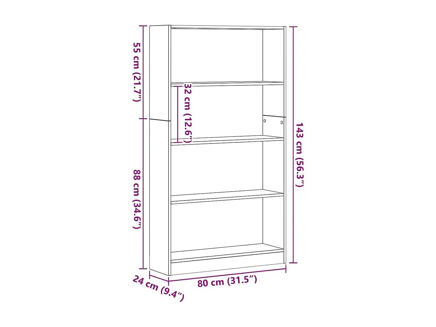 Bibliothèque à 4 niveaux chêne noir 80x24x143 cm