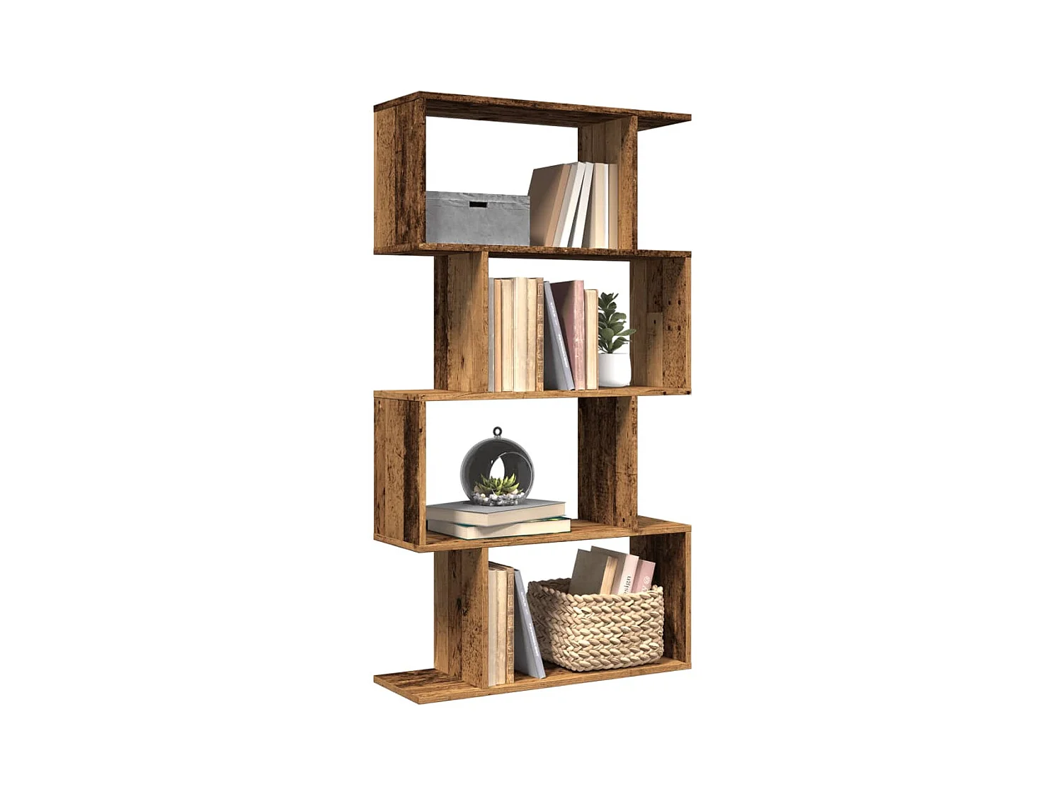 Bibliothèque séparatrice de pièce à 4 niveaux vieux bois 70x24x129cm