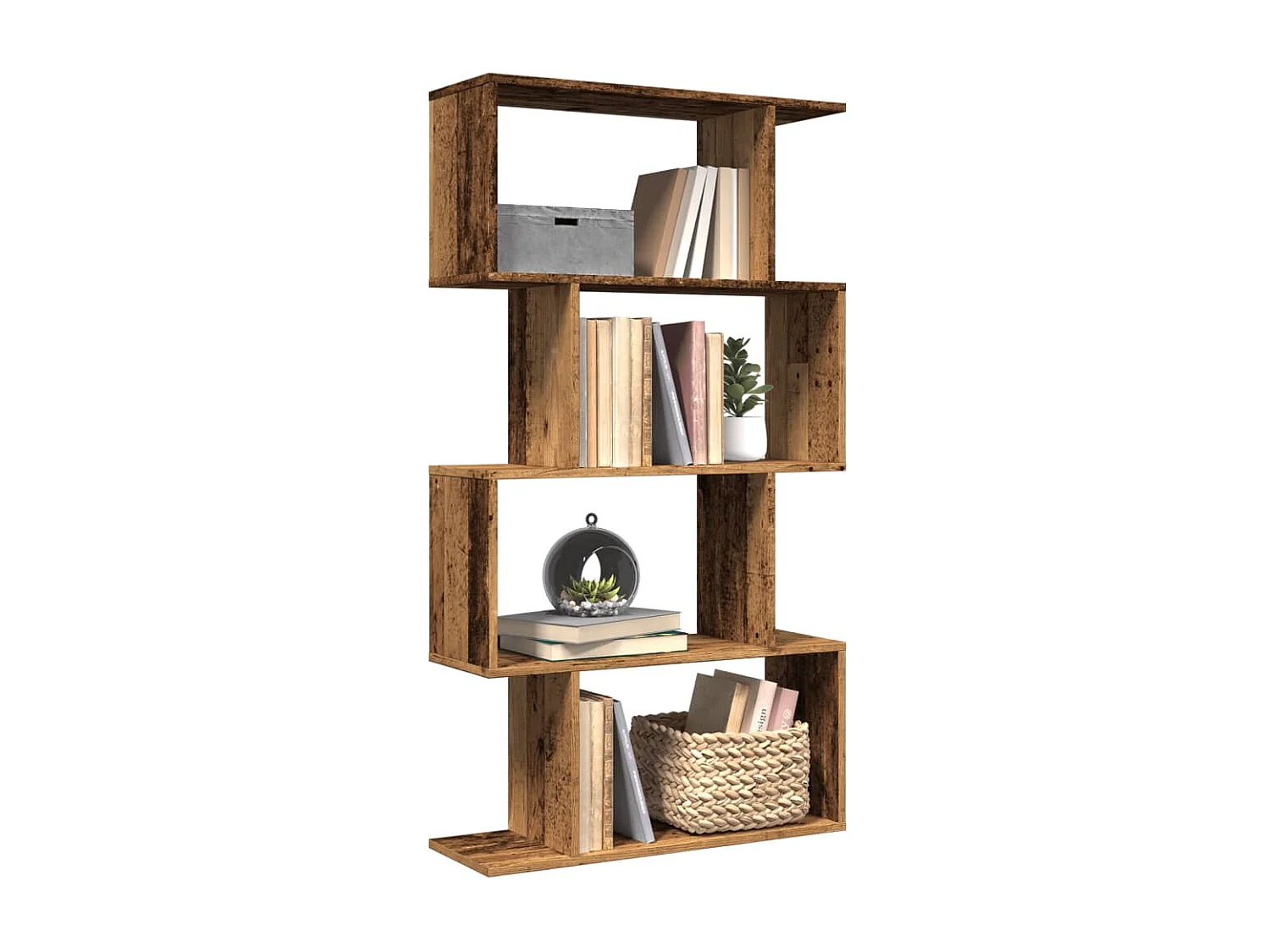 Bibliothèque séparatrice de pièce à 4 niveaux vieux bois 70x24x129cm