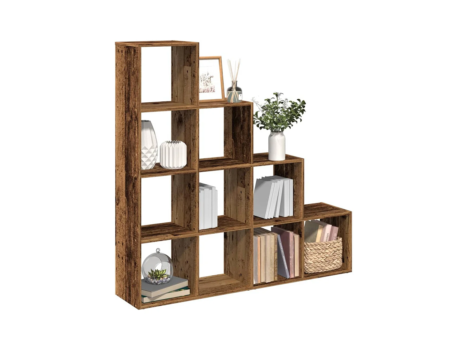 Bibliothèque séparatrice de pièce à 4 niveaux vieux bois