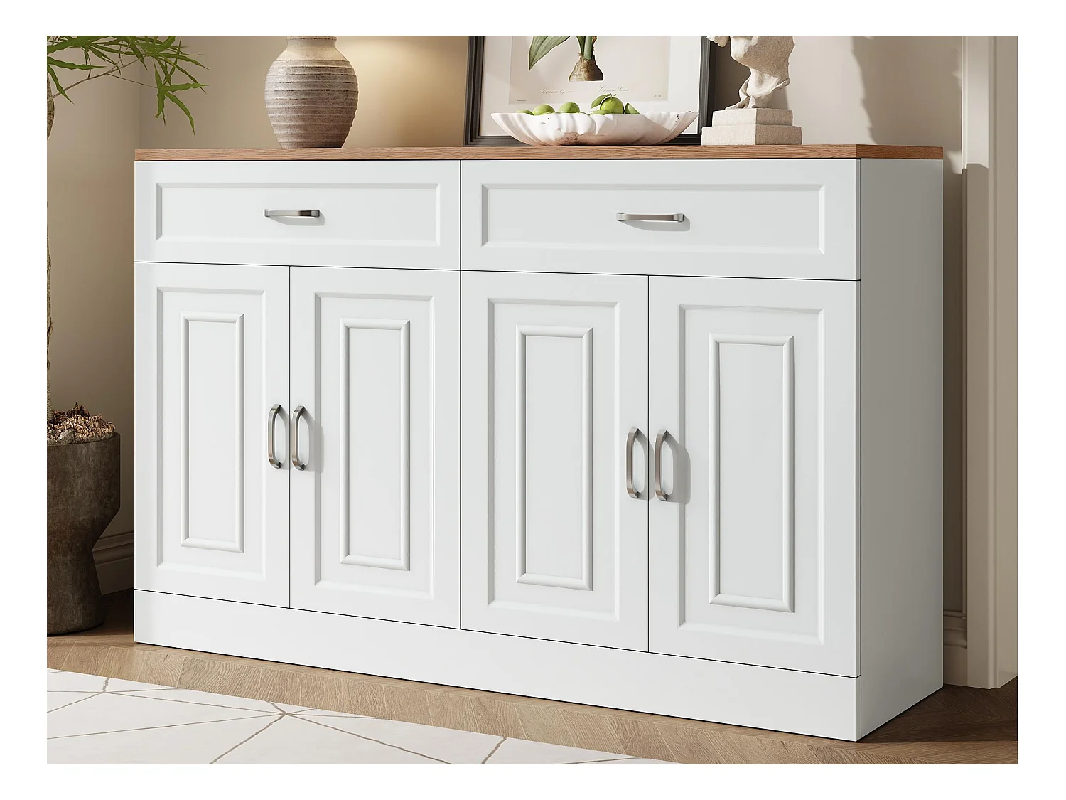 Buffet 120x35x80,5cm - 4 portes et 2 tiroirs - Étagères réglables - Panneaux de particules - Blanc