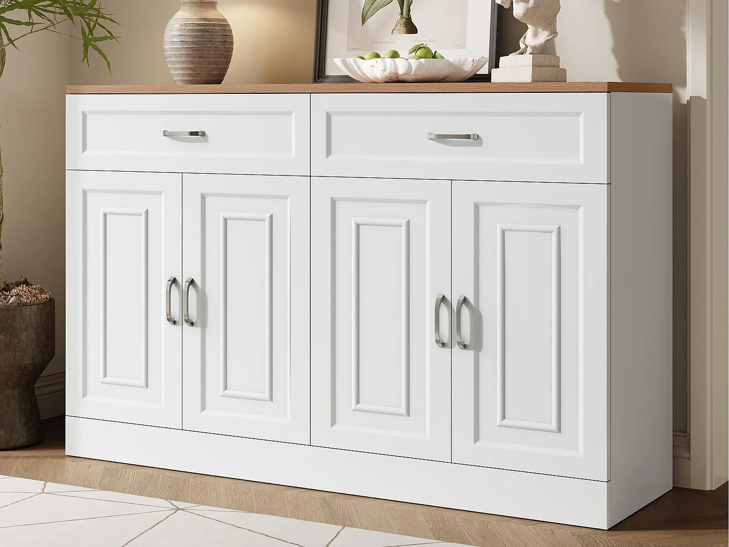 Buffet 120x35x80,5cm - 4 portes et 2 tiroirs - Étagères réglables - Panneaux de particules - Blanc