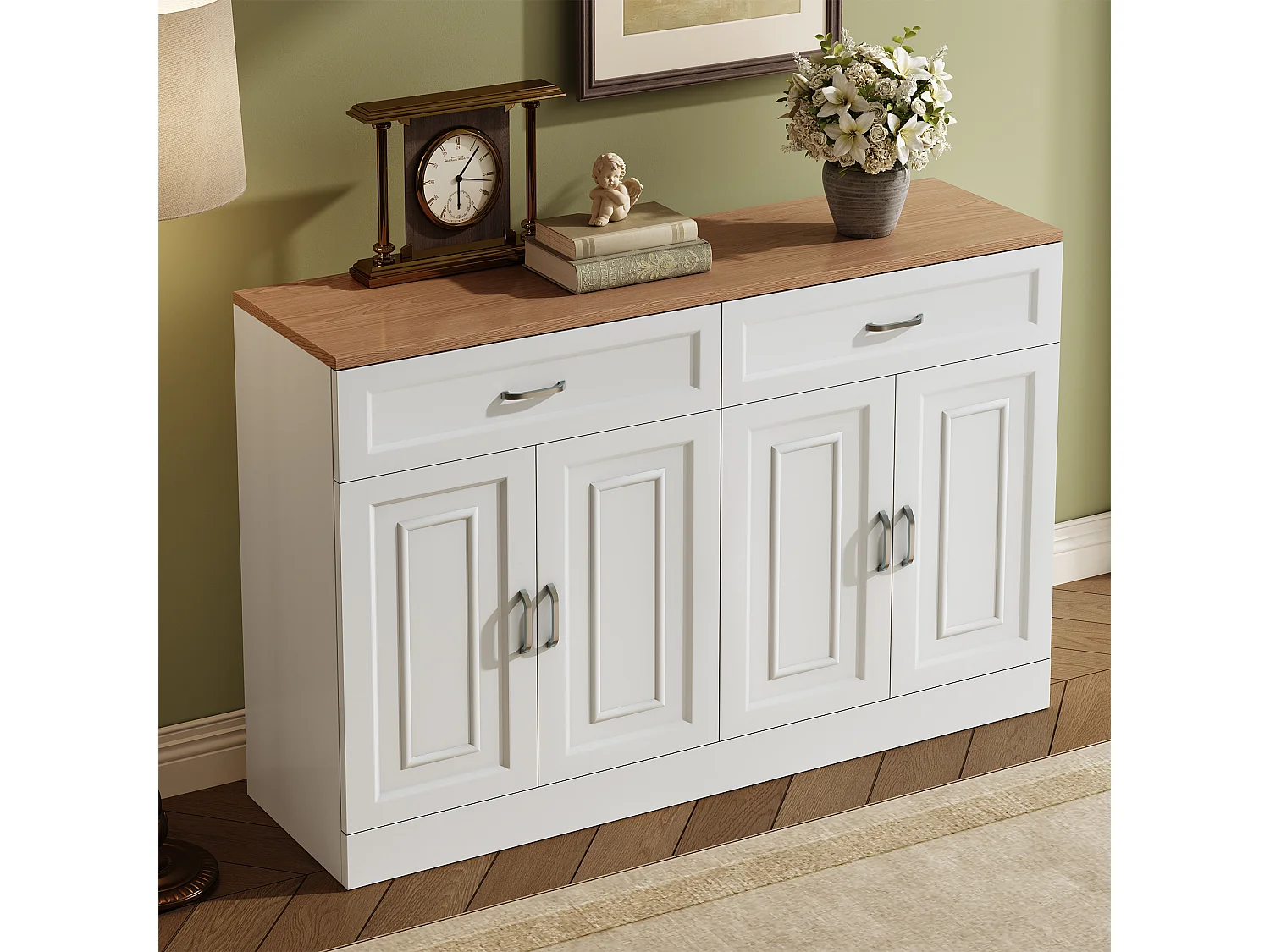 Buffet 120x35x80,5cm - 4 portes et 2 tiroirs - Étagères réglables - Panneaux de particules - Blanc