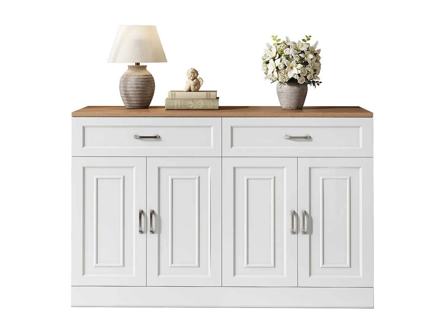 Buffet 120x35x80,5cm - 4 portes et 2 tiroirs - Étagères réglables - Panneaux de particules - Blanc