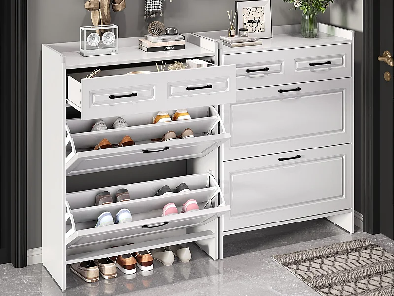 Schuhschrank 2-teilig 80x34x107,5 cm - 4 Klapptüren und 2 Schubladen - 8 Fächer - MDF - Weiß