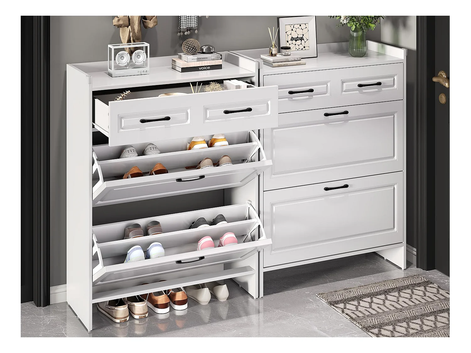 Meuble à chaussures 2 pièces 80x34x107,5 cm - 4 portes abattantes et 2 tiroirs - 8 compartiments - MDF - Blanc