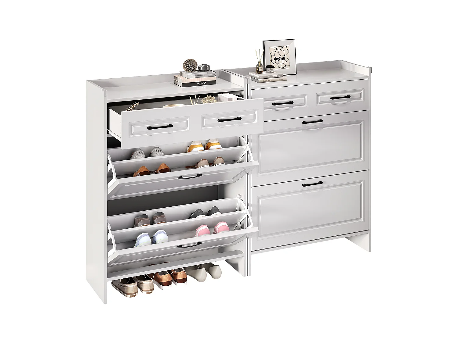 Meuble à chaussures 2 pièces 80x34x107,5 cm - 4 portes abattantes et 2 tiroirs - 8 compartiments - MDF - Blanc