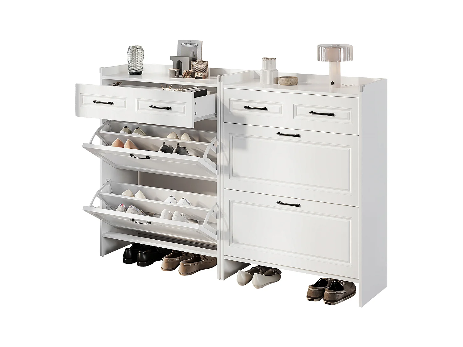 Meuble à chaussures 2 pièces 80x34x107,5 cm - 4 portes abattantes et 2 tiroirs - 8 compartiments - MDF - Blanc