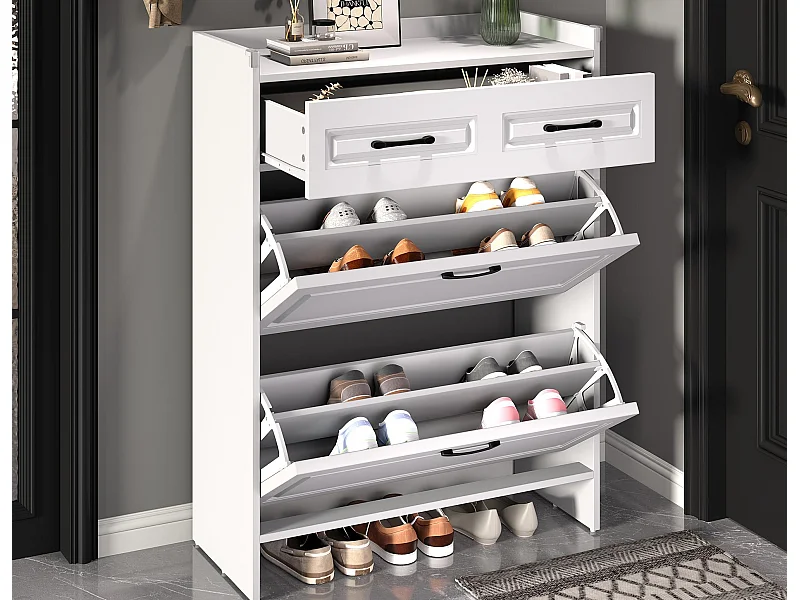 Schoenmeubel 80x34x107,5 cm - 2 klepdeuren en 1 lade - 4 vakken - MDF - Wit