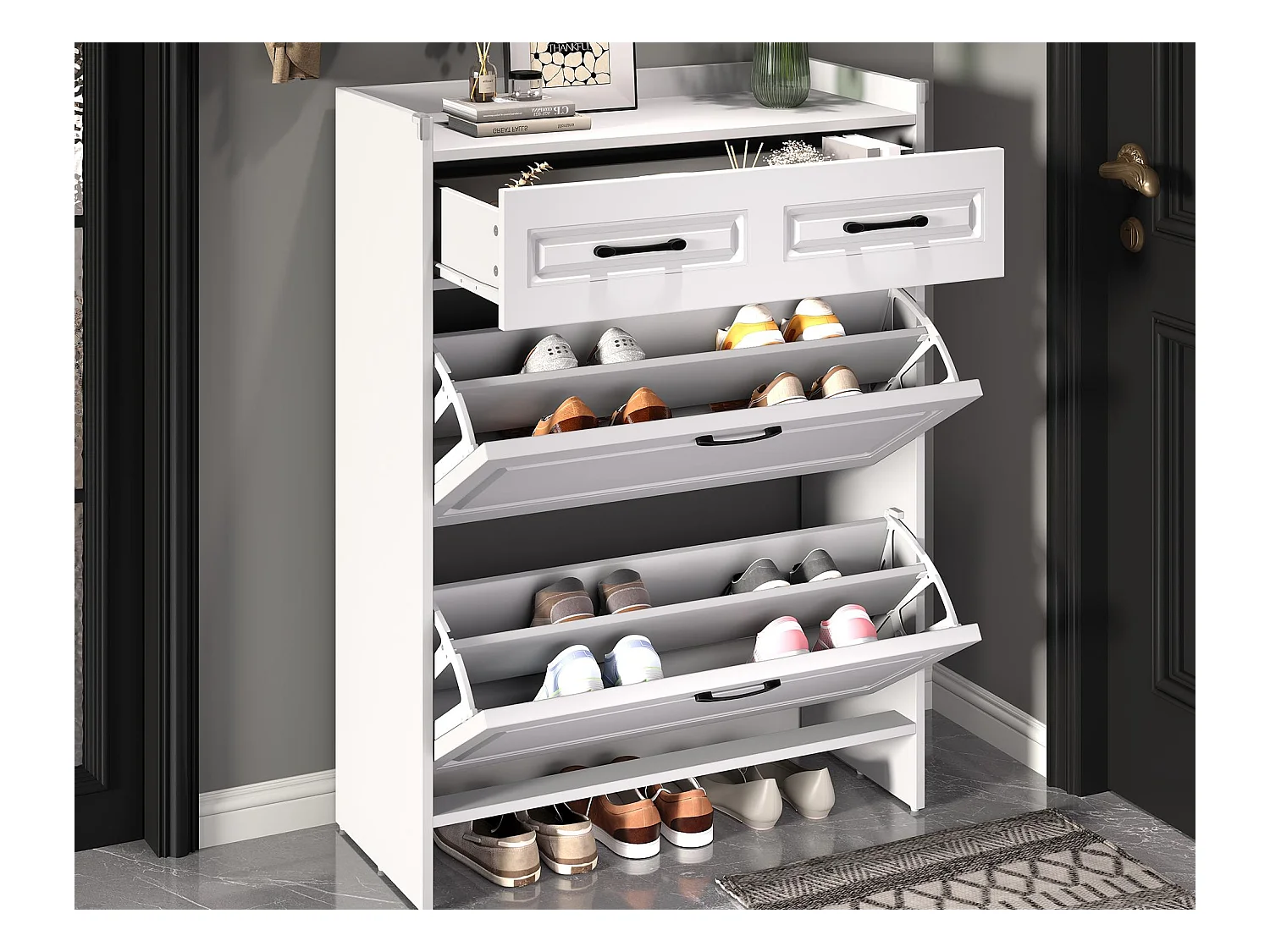 Meuble à chaussures 80x34x107,5 cm - 2 portes abattantes et 1 tiroir - 4 compartiments - MDF - Blanc