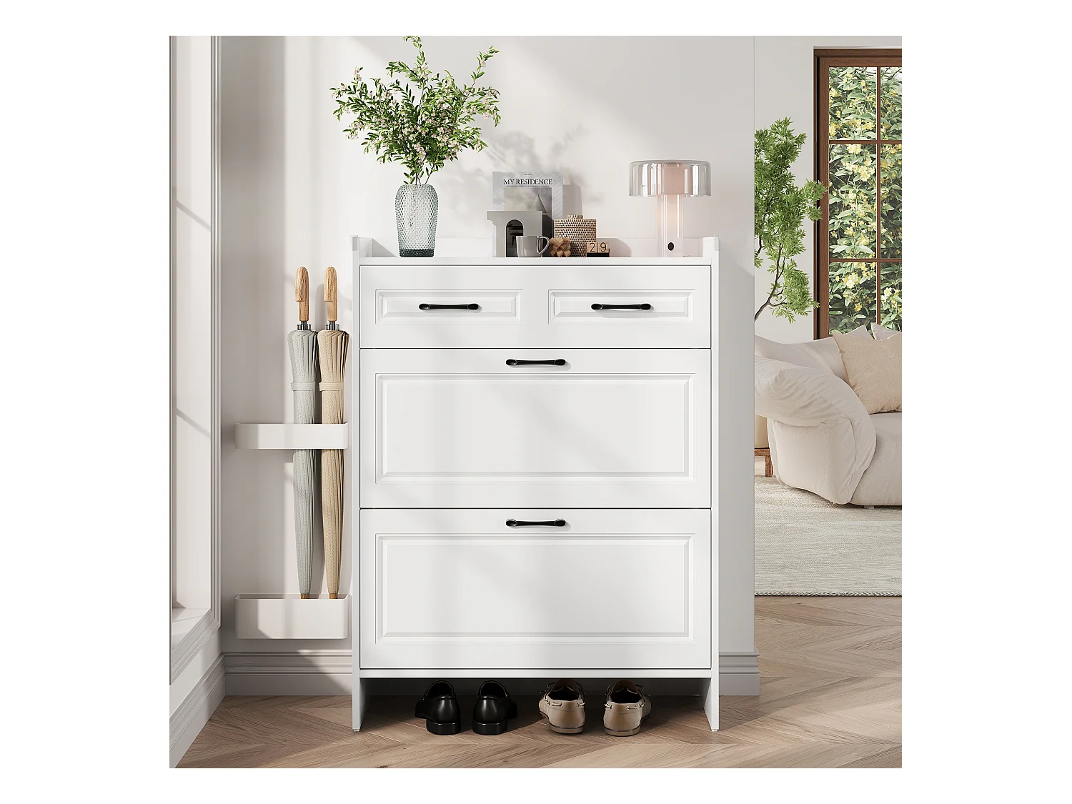 Meuble à chaussures 80x34x107,5 cm - 2 portes abattantes et 1 tiroir - 4 compartiments - MDF - Blanc