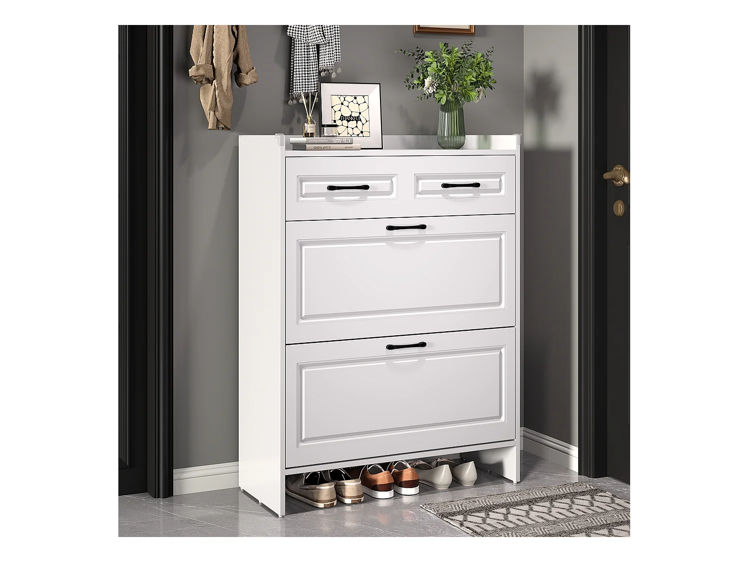 Meuble à chaussures 80x34x107,5 cm - 2 portes abattantes et 1 tiroir - 4 compartiments - MDF - Blanc