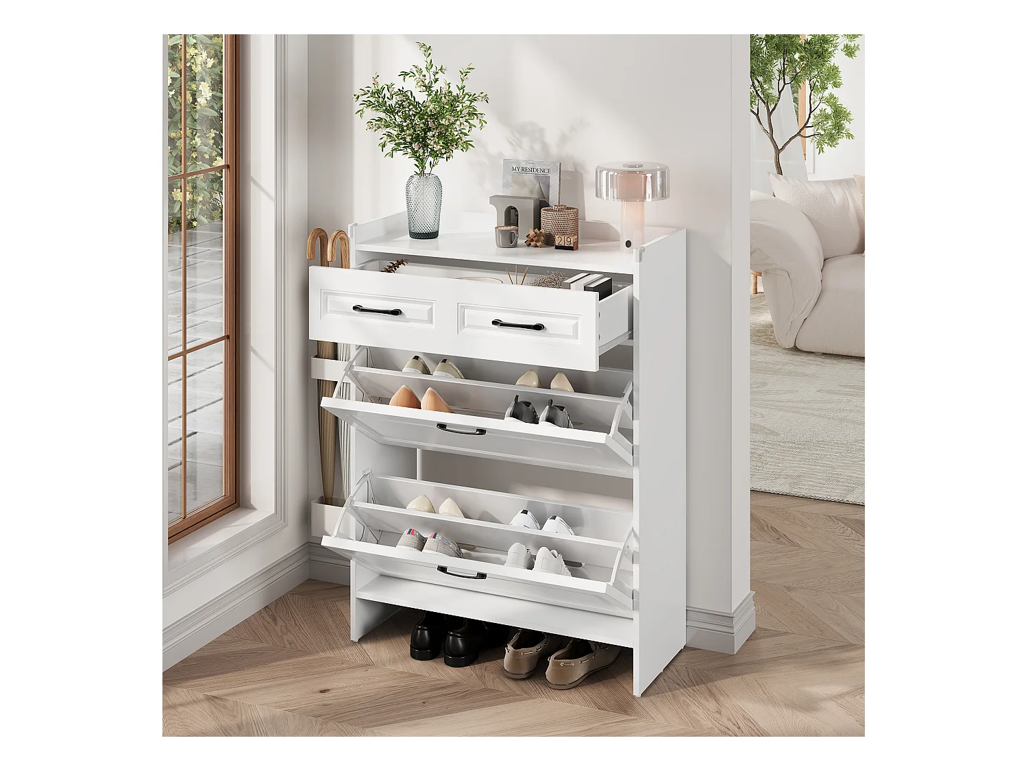 Meuble à chaussures 80x34x107,5 cm - 2 portes abattantes et 1 tiroir - 4 compartiments - MDF - Blanc