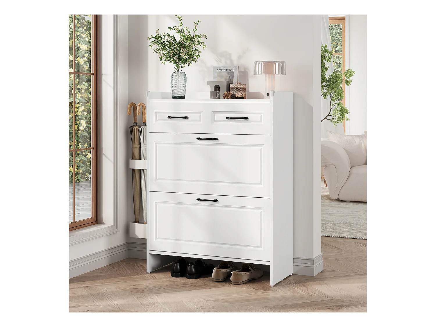 Meuble à chaussures 80x34x107,5 cm - 2 portes abattantes et 1 tiroir - 4 compartiments - MDF - Blanc