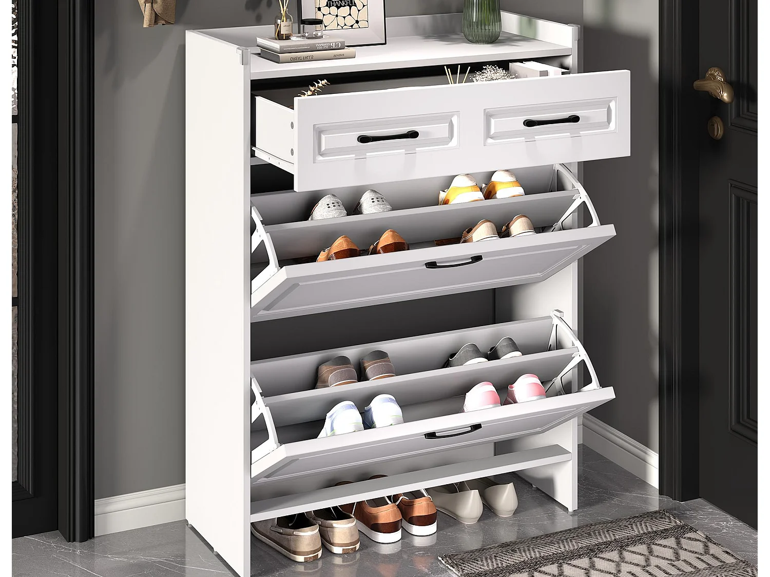 Mobile per scarpe 80x34x107,5 cm - 2 ante battenti e 1 cassetto - 4 scomparti - MDF - Bianco